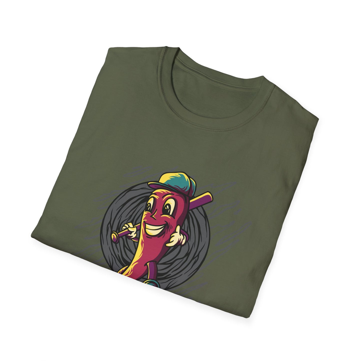 Epic Chili Pepper Baseball Player T-Shirt - Vibrant Cartoon Hot Pepper Tee for Sports Fans | Unique Game Day Apparel