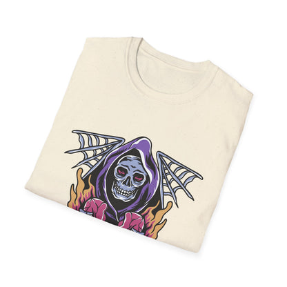 Striking Grim Reaper Broken Heart T-Shirt | Edgy Skull & Flames Tee | Gothic Macabre Streetwear | Bold & Unique Style