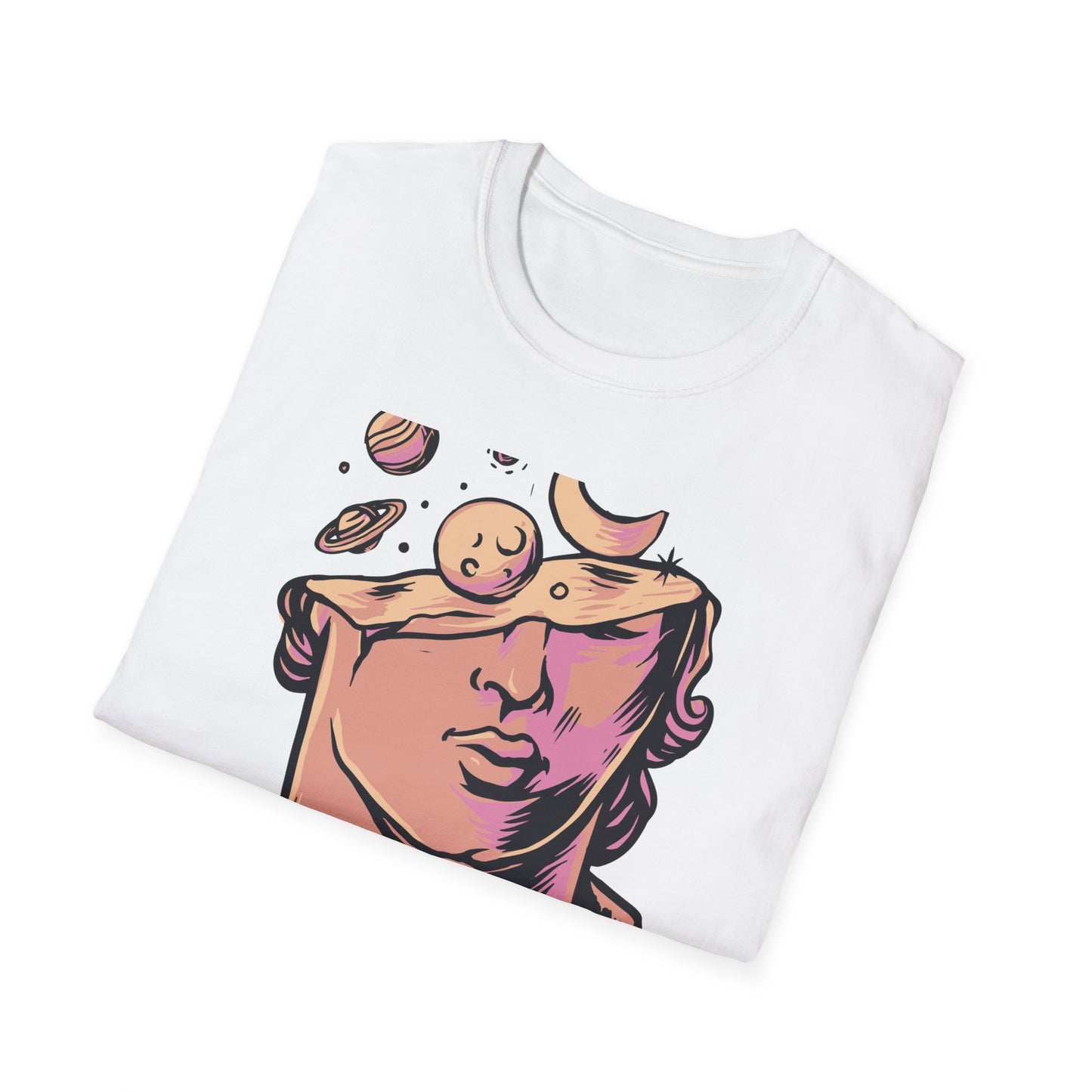 Explore Your Mind's Universe: Celestial Greek Bust T-Shirt | Artistic Cosmic Thoughts Graphic Tee | Unique Planet & Moon Design for Thinkers