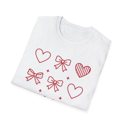 Charming Red Hearts & Bows Pattern T-Shirt | Adorable Love Core Graphic Tee for Women & Teens | Sweet Valentine's Day Gift Idea