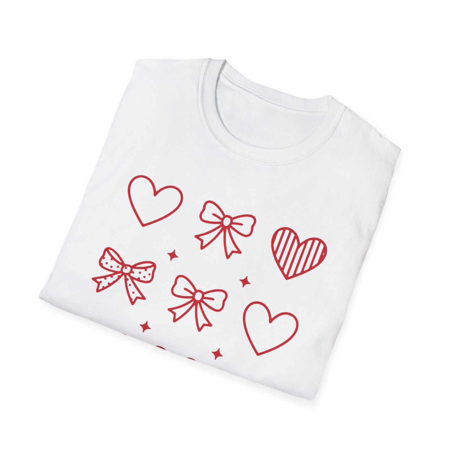 Adorable Red Hearts & Bows Pattern T-Shirt | Sweet Valentine's Day Love Graphic Tee for Women & Girls | Charming Romantic Gift