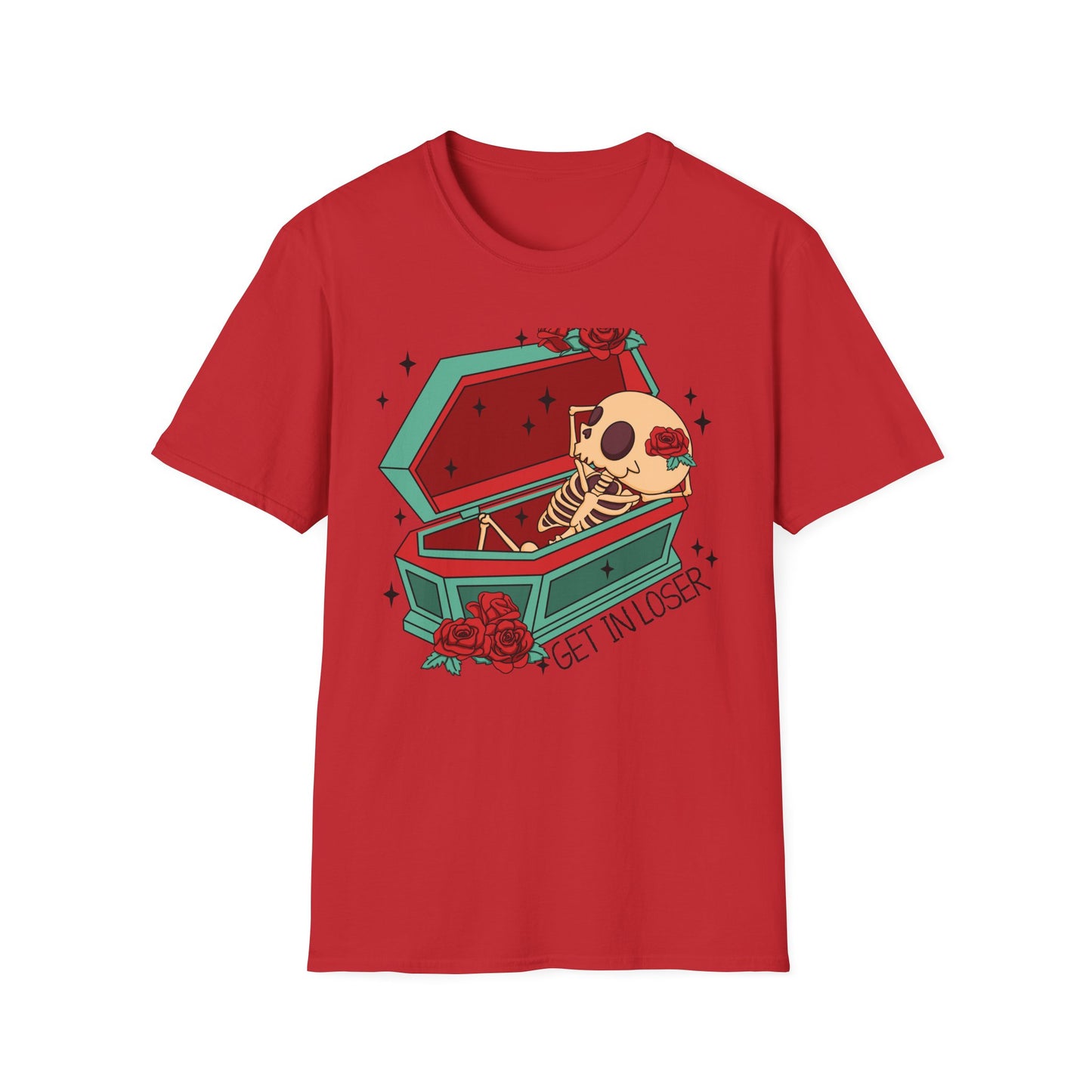 Chill Skeleton in Coffin T-Shirt | Unique Spooky Cute Goth Tee with Red Roses | Ultimate Alternative Style