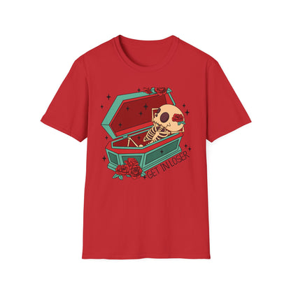 Chill Skeleton in Coffin T-Shirt | Unique Spooky Cute Goth Tee with Red Roses | Ultimate Alternative Style