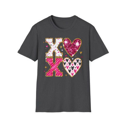 Sparkly XO Hearts T-Shirt | Adorable Pink Glitter Valentine's Day & Love Tee for Her | Hugs Kisses Style
