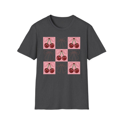 Charming Coquette Cherry Bow T-Shirt | Sweet Pink Aesthetic & Trendy Fruit Pattern Tee for Women