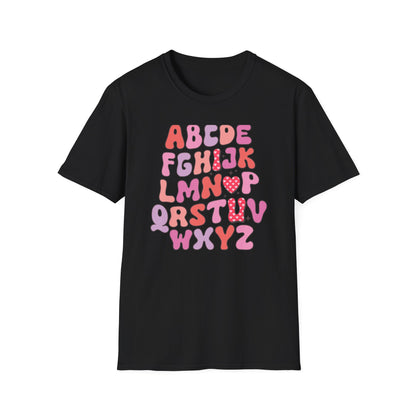 Vibrant Groovy Alphabet T-Shirt | Cute Heart Letter Retro Aesthetic Tee | Fun Teacher & Valentine's Day Gift