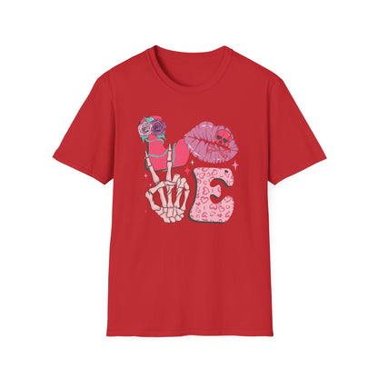 Edgy Pink Grunge T-Shirt: Skull Kiss, Peace Skeleton Hand, Roses & Heart Initial 'E' Design. Trendy Alt Fashion Tee.