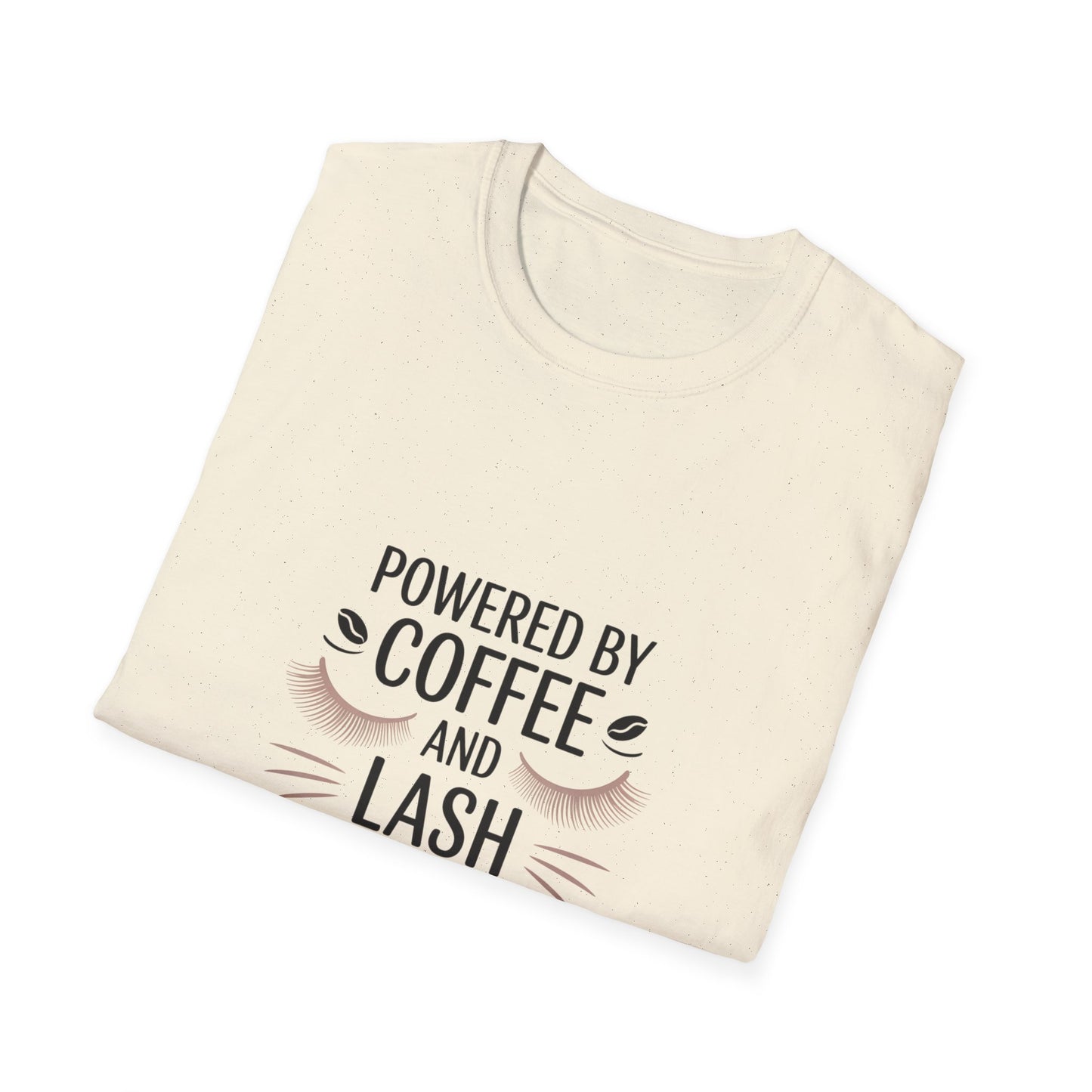 Chic 'Powered by Coffee & Lash Extensions' T-Shirt | Fabulous Lash Tech & Beauty Lover Tee with Cat Eye Design