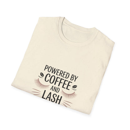 Chic 'Powered by Coffee & Lash Extensions' T-Shirt | Fabulous Lash Tech & Beauty Lover Tee with Cat Eye Design